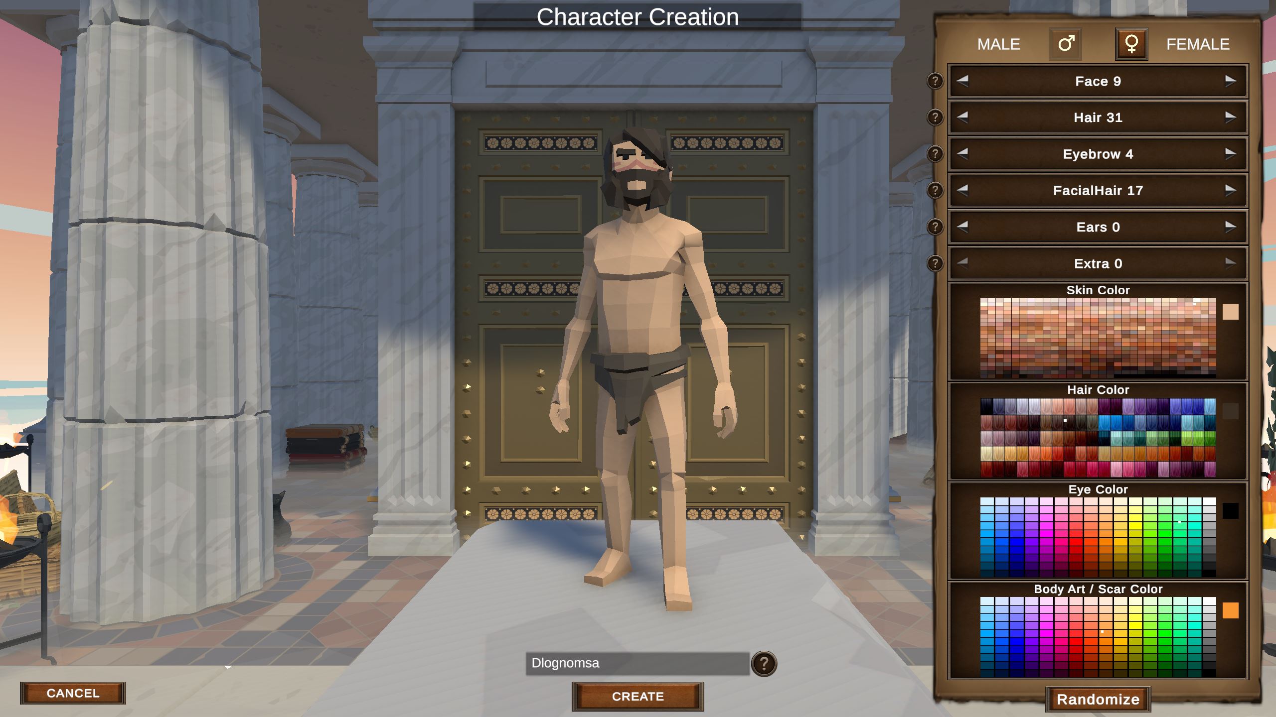 Blades of Helios character creation screen