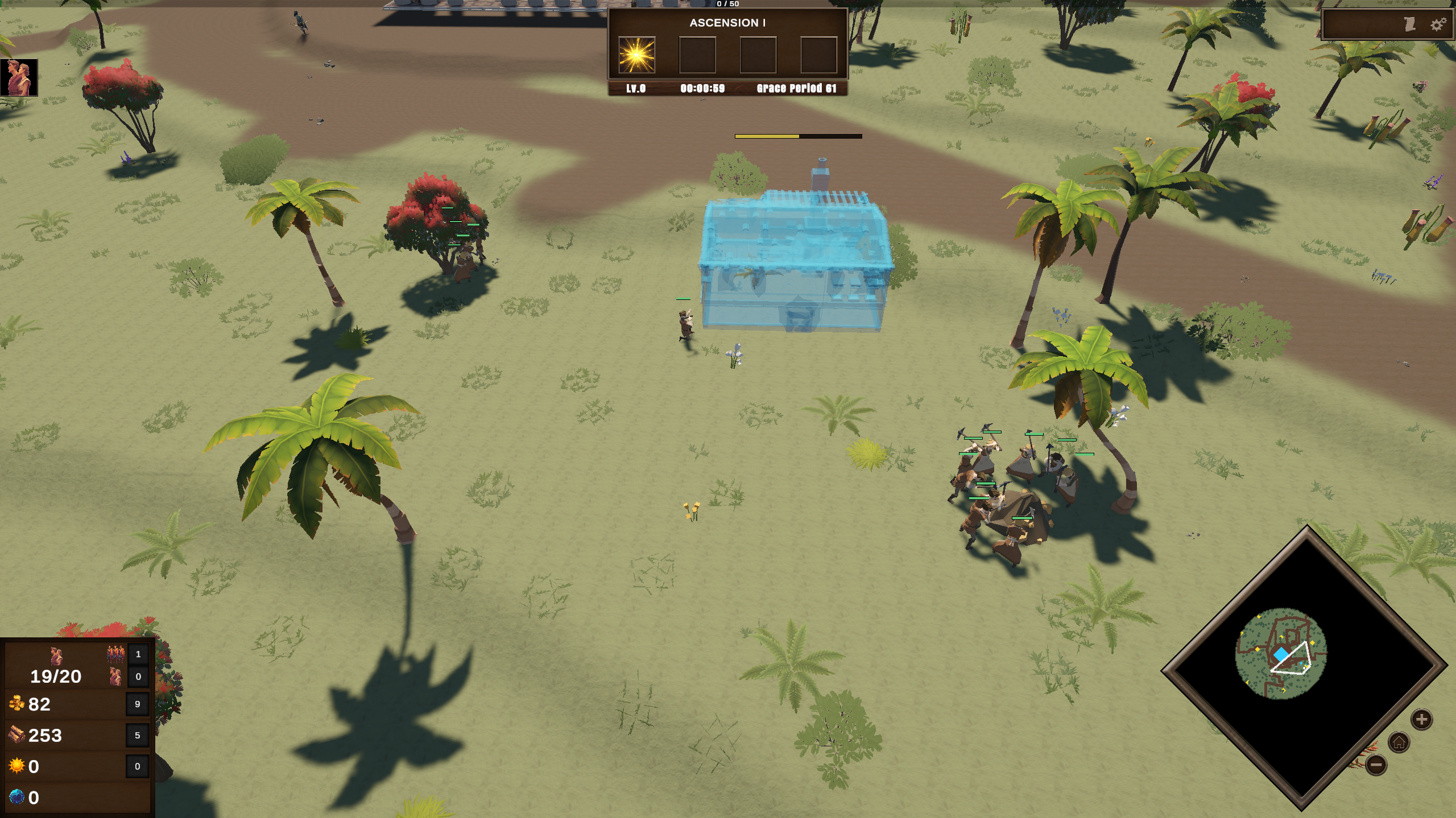 Villagers building a house, gathering from a gold mine, and cutting trees in Blades of Helios